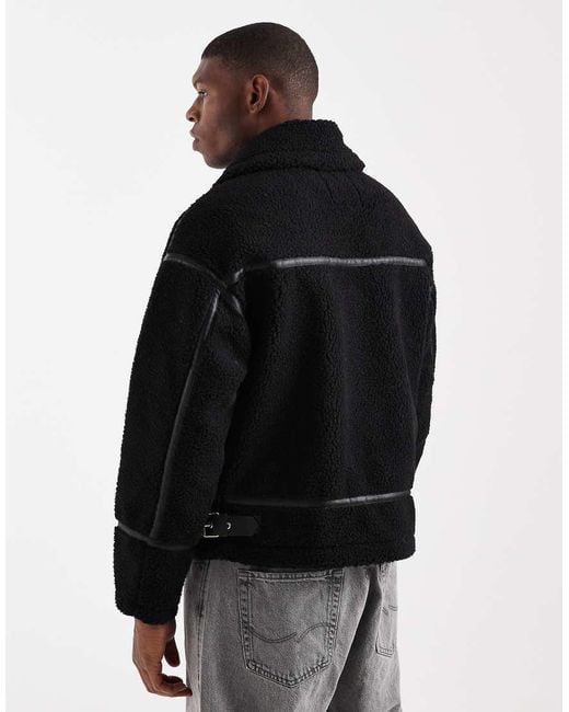 Redefined Rebel Black Boxy Shearling Aviator Jacket for men