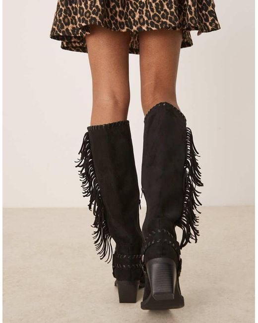 ASOS Black Cristina Western Fringe Knee Boots