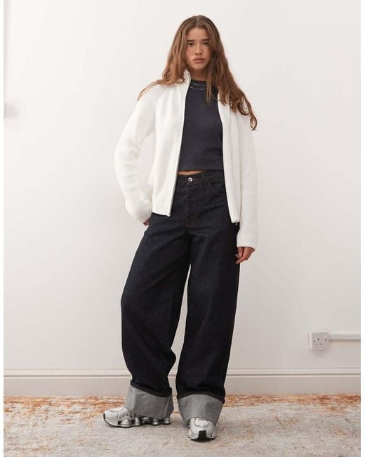 Monki Natural Ribbed Knitted Two Way Zip Cardigan