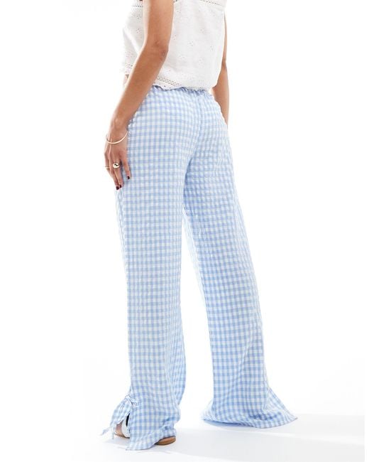 Miss Selfridge Blue Pull On Cotton Poplin Wide Leg Gingham Pants With Tie Side Detail