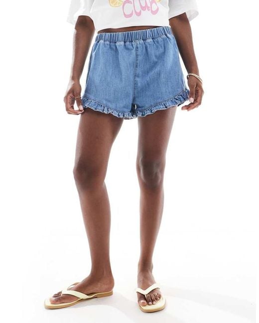 ASOS Denim Short Met Elastische Taille En Ruches Aan De Zoom in het Blue