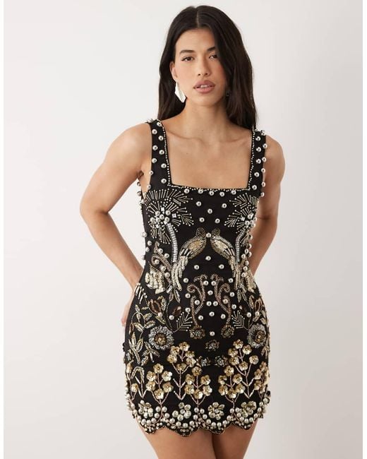 ASOS Natural Embellished Mini Dress With Flower Artwork
