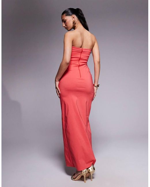 Vesper Red Bandeau Bodycon Maxi Dress With Thigh Split