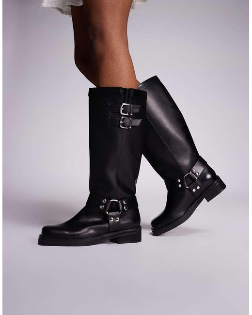 Public Desire Black Sirius Flat Harness Knee Boots