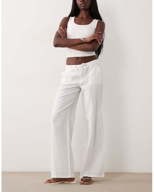 Gina Tricot White Mid Waist Linen Blend Trousers With Front Pockets