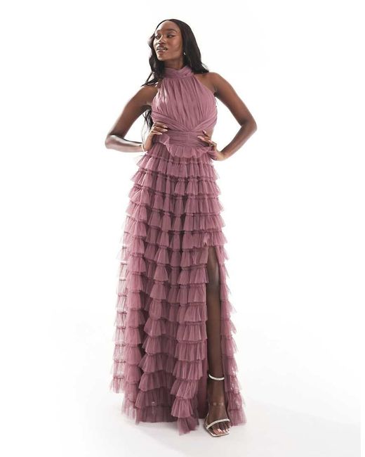 Beauut Purple Bridesmaid High Neck Maxi Dress With Ruffle Skirt And Open Back