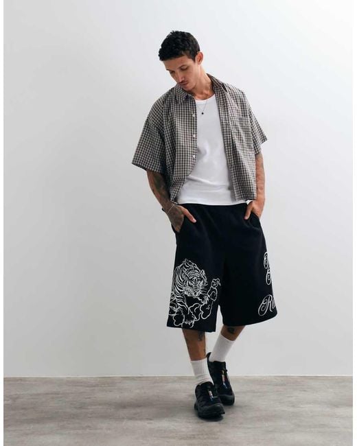True Religion Black Tiger Graphic Script Loose Fit Fleece Shorts for men
