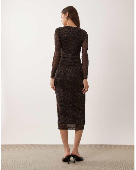 New Look Brown Ruched Mesh Midi Dress