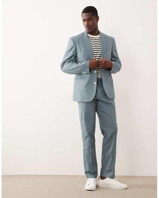 ASOS Blue 100% Cotton Linen Look Slim Suit Jacket for men