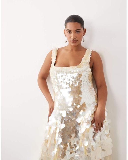 ARRANGE Natural Curve Embellished Disc Sequin Square Neck Full Skirt Midi Dress