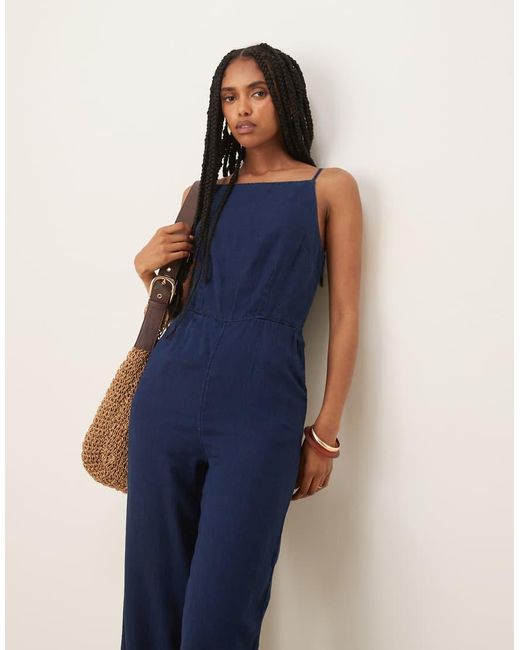 Mono Largo Azul Añil De Pernera Recta De Tejido Efecto Denim De Mango de color Blue