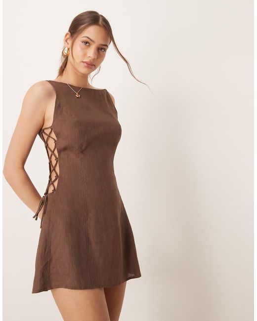 Vrg Grl Brown Nova Linen Mini Dress With Tie Side