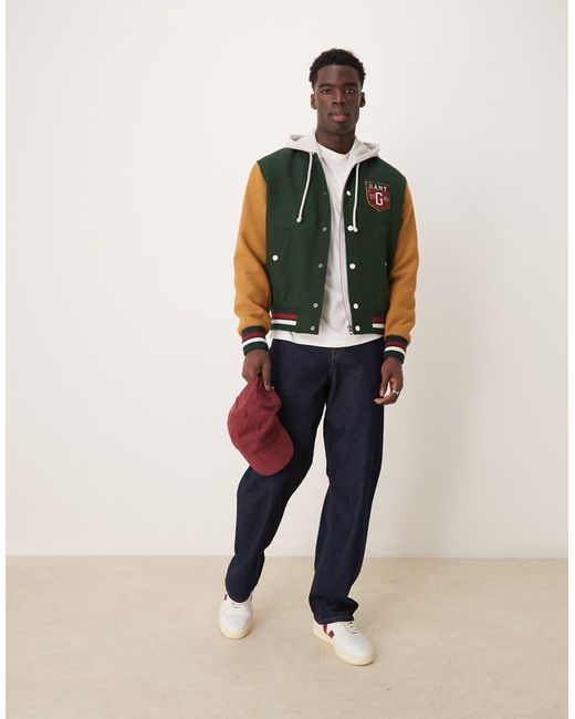 Gant Green Wool Blend Varsity Logo Jacket for men