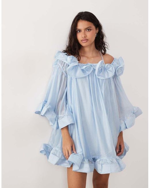 Y.A.S Blue Bardot Ruffle Detail Mini Dress