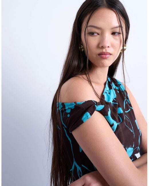 TOPSHOP Blue Floral Print One Shoulder Asymmetric Top