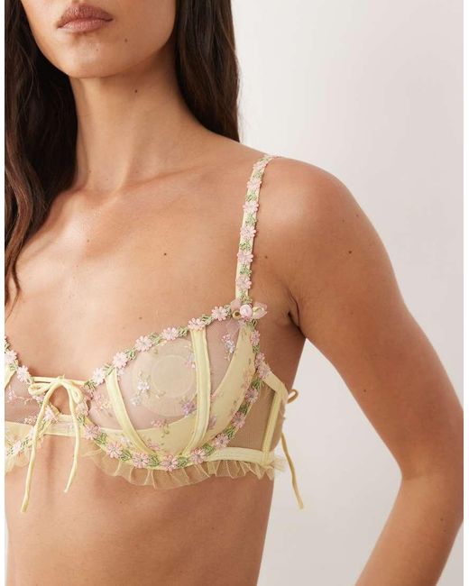 For Love & Lemons Natural Twilight Embellished Sheer Underwire Bra