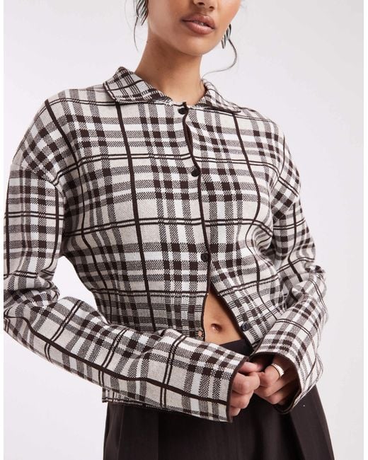 Collusion Gray Check Knitted Button Through Top