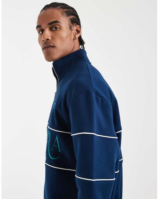 ASOS Blue Relaxed Fit Printed Quarter Zip Embroidered Sweatshirt With Piping for men