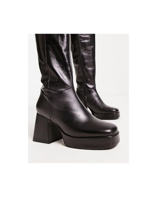 TOPSHOP Black Holly Premium Leather Platform Knee High Boot