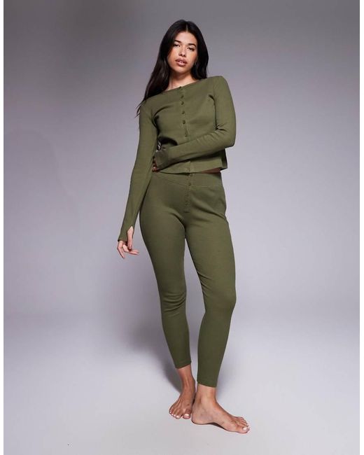 Threadbare Green Ribbed Button Down Long Sleeve Loungewear Set