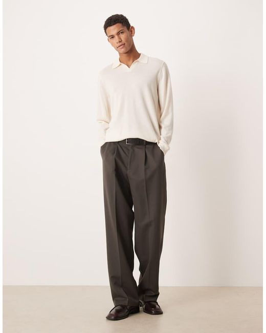 ASOS Gray Knitted Long Sleeve Pure Merino Wool Notch Neck Polo for men