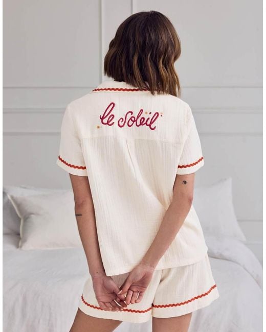 Chelsea Peers White Cotton Cheesecloth Embroidered Le Soleil Short Pyjama Set