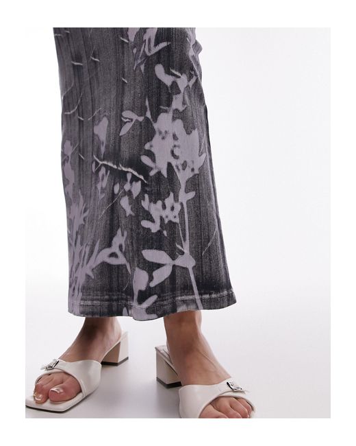 TOPSHOP Gray Washed Rib Floral Shadow Print Midi Skirt
