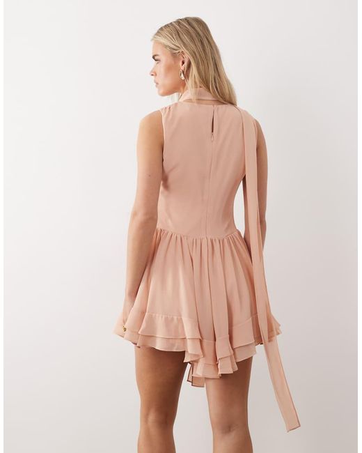 TFNC London Pink Low V-neck Chiffon And Lace Romper With Scarf