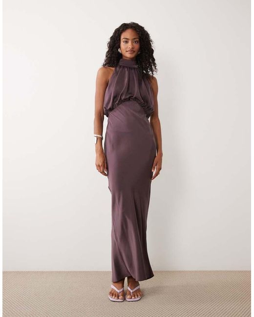 ASOS Purple Halter Neck Blouson Satin Maxi Dress