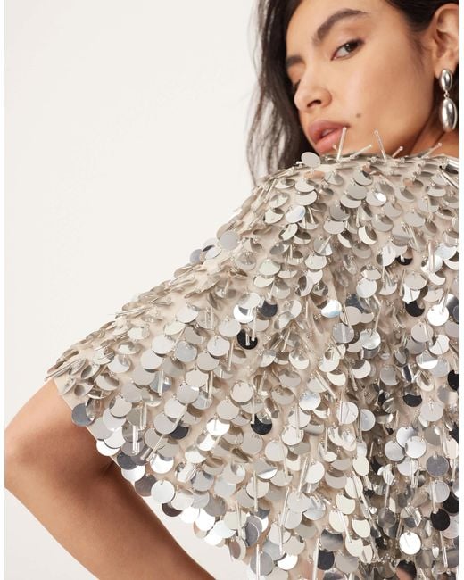ARRANGE Natural Sequin And Fringe Strong Shoulder Midi Dress