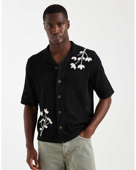 Only & Sons Black Embroidery Detail Open Knit Shirt for men