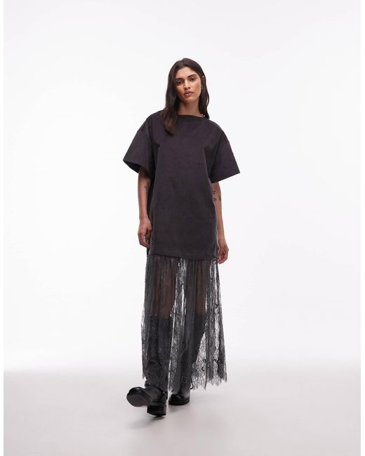ASOS Women's Gray Cord T-shirt Hybrid Mini Dress With Lace Skirt