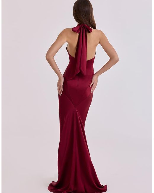 House Of Cb Red Oliviana Wine Satin Halter Maxi Dress