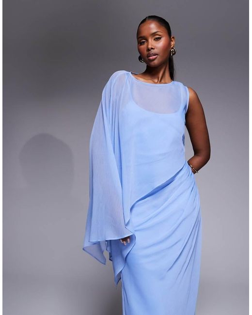ASOS Blue Draped Batwing Asymmetric One Sleeve Maxi Dress