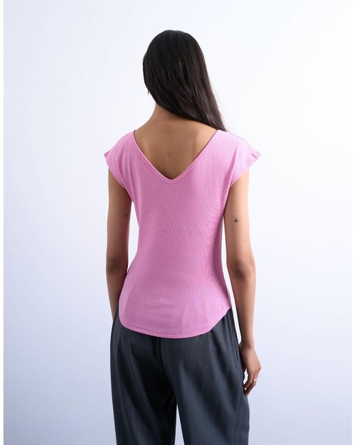 TOPSHOP Pink Rib Fitted V-neck Curve Hem Tee