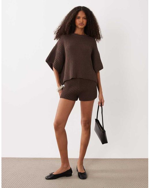 SNDY'S Brown Cotton Rich Knitted Reversible Cropped Dropped Shoulder Cardigan Co-Ord
