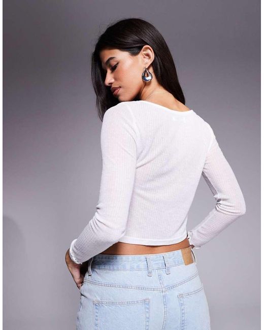 Princess Polly Gray Fine Rib Slash Neck Bust Detail Long Sleeve Top