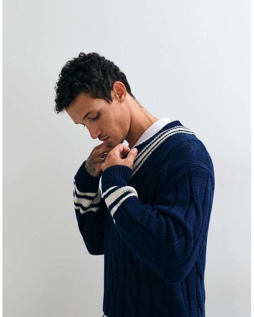 Gant Blue Mercerized Cottle Cable Knit V-neck Jumper for men