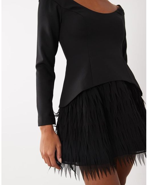ASOS Black Structured Long Sleeve Mini Dress With Fringe Skirt