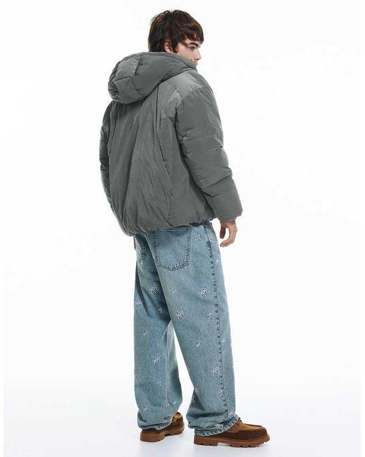 Pull&Bear Gray Cut-Out Puffer Jacket for men