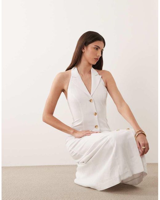 Nobody's Child Natural Linen Blend Halter Neck Collar Detail Tailored Midi Dress