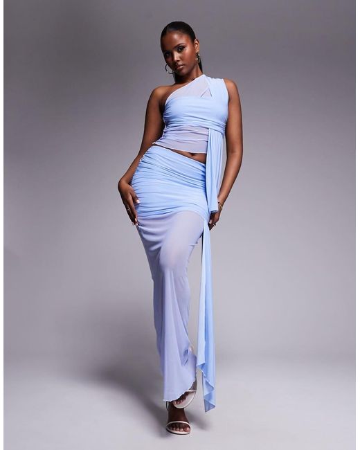 Kaiia Purple Exclusive Double Layered Slinky Mesh Drape Detail Sheer Hem Maxi Skirt Co-ord