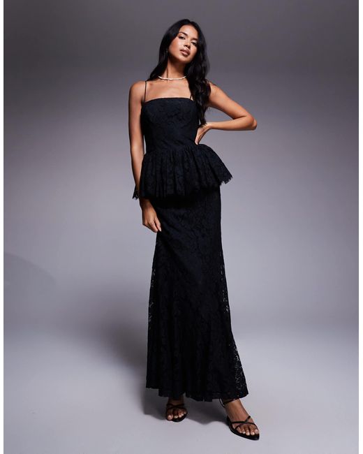 asos design maxi dress with lace godet panels ASOS DESIGN padded neckline velvet maxi dress with sheer godet panels and train in black