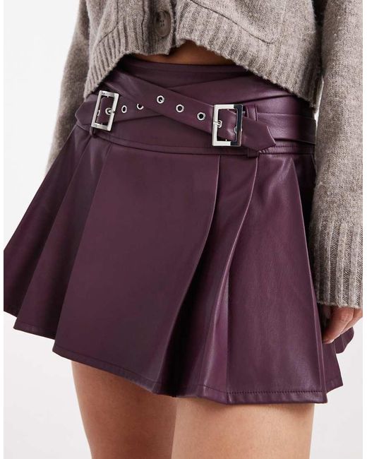 Miss Selfridge Purple Faux Leather Pleated Kilt With Buckles