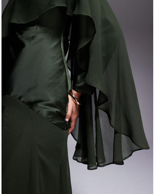 ASOS Black Cape Detail Ruffle Chiffon Satin Mix Maxi Dress