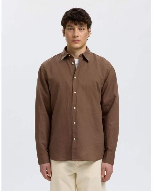 SELECTED Brown Linen-Blend Shirt for men