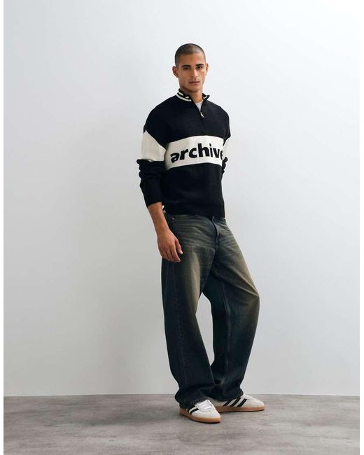 ASOS Black Oversized Knitted Half Zip With Beige Panel And Print for men