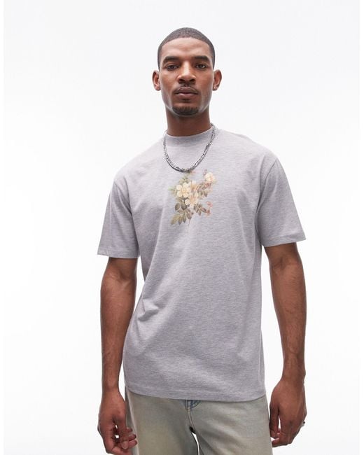 T-shirt premium oversize mélange con stampa di rosa ricamata di Topman in Gray da Uomo