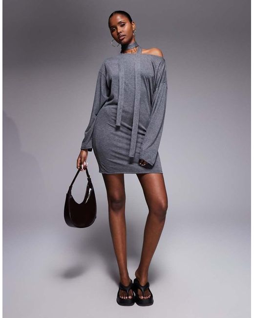ASOS Gray Long Sleeve Mini Dress With Skinny Scarf