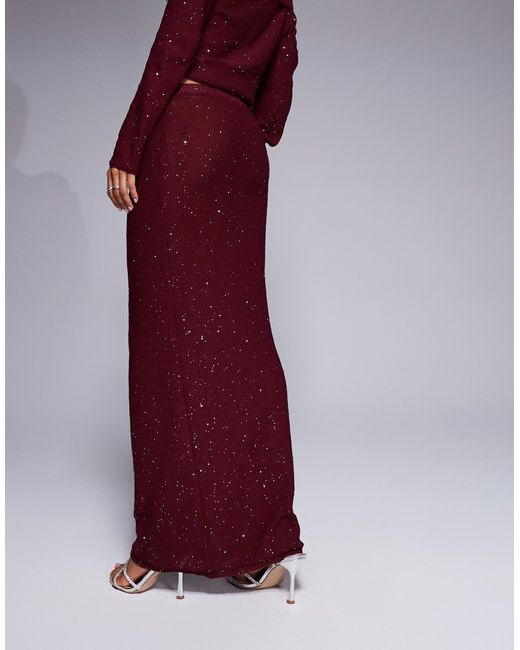 Exclusivité - x sasha corte - jupe longue d'ensemble en maille à sequins - bordeaux Kaiia en coloris Red